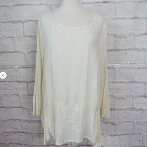 Lucky Brand Size 2X 3/4 Sleeve Boho Peasant Top Ivory Embroidered